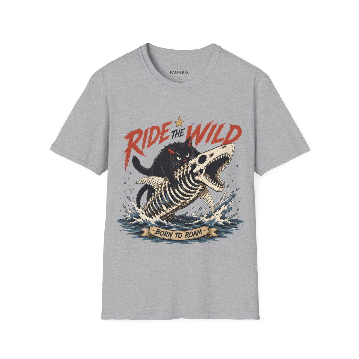 Ride the Wild T-Shirt — Cat Riding Dinosaur Skull Graphic Tee