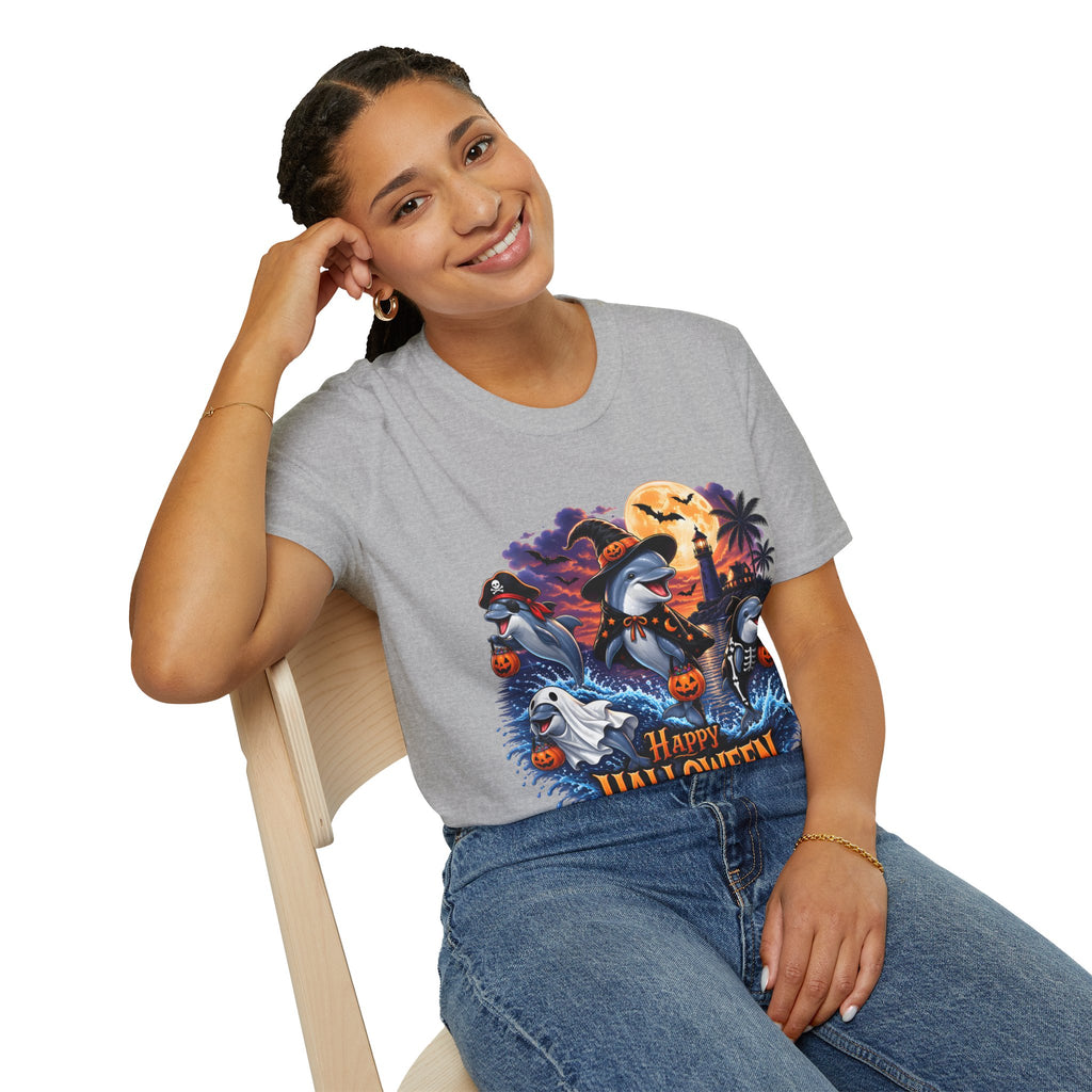 Halloween Dolphin T-Shirt — Cute Spooky Beach Scene with 'Happy Halloween'