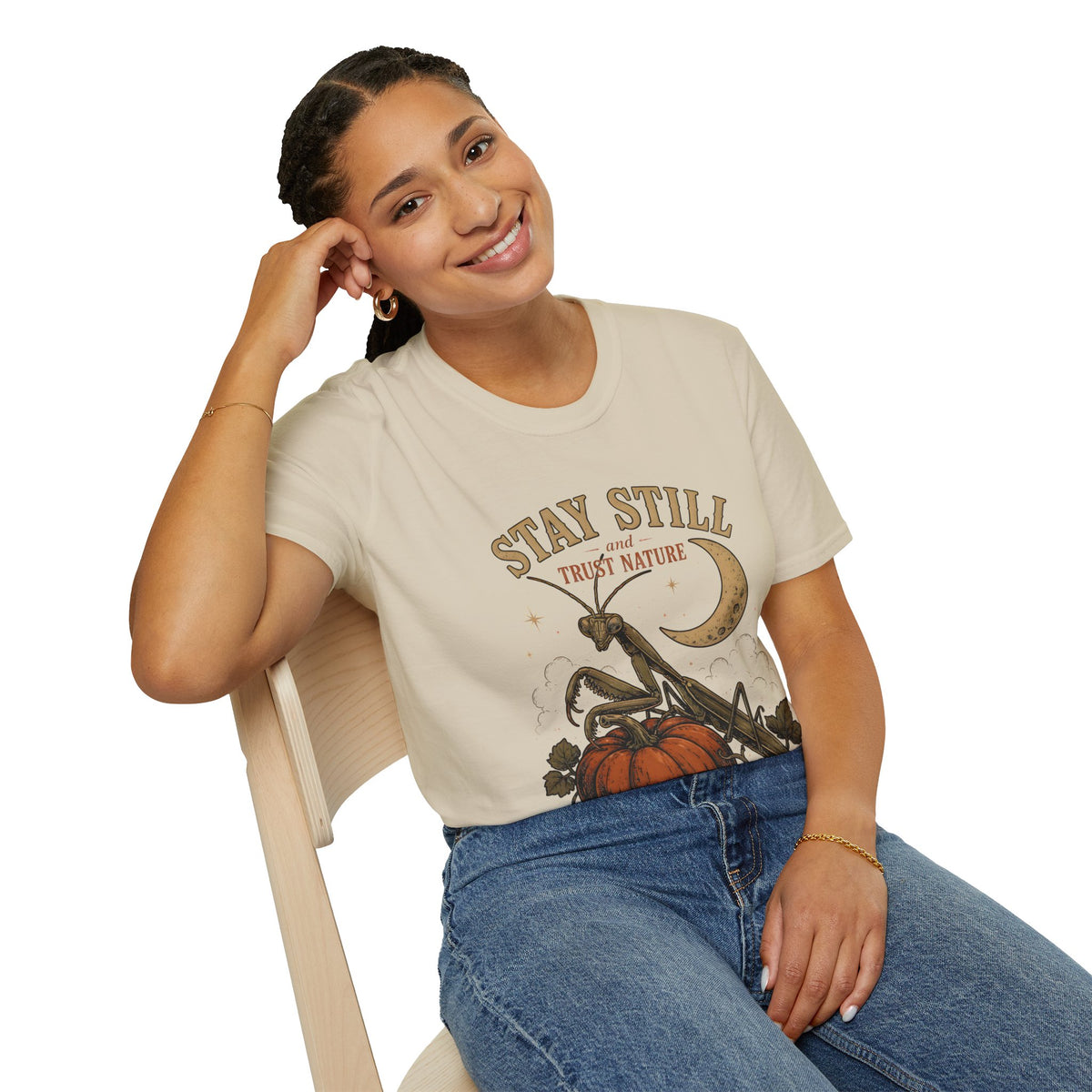 T‑Shirt — Stay Still and Trust Nature Praying Mantis & Moon Graphic Tee