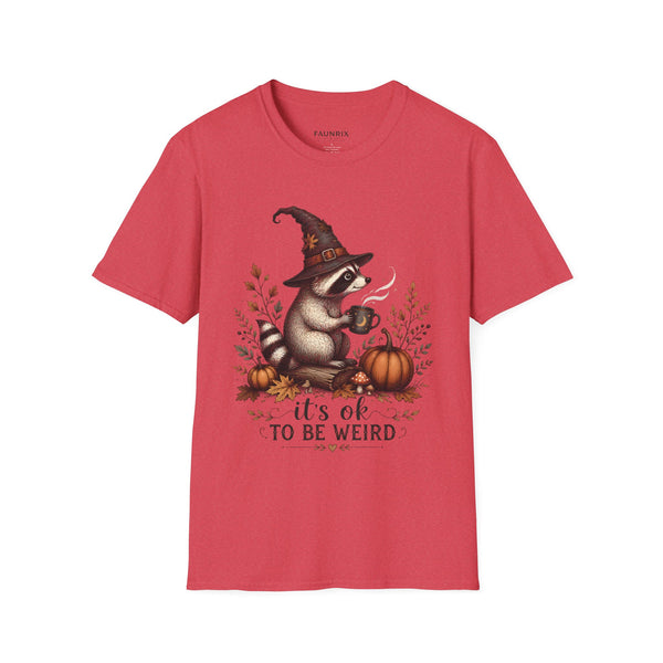 T-Shirt — Cute Raccoon Witch Illustration "It's OK to Be Weird" | Halloween Cozy Fall Graphic Tee