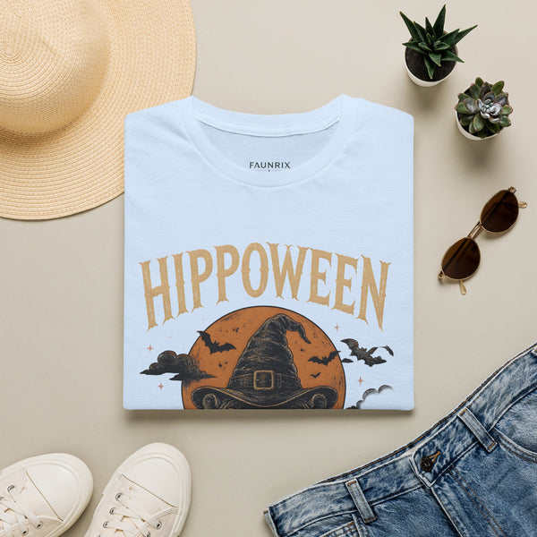 Hippoween Halloween T-Shirt — Hippo in Witch Hat Pumpkin Design