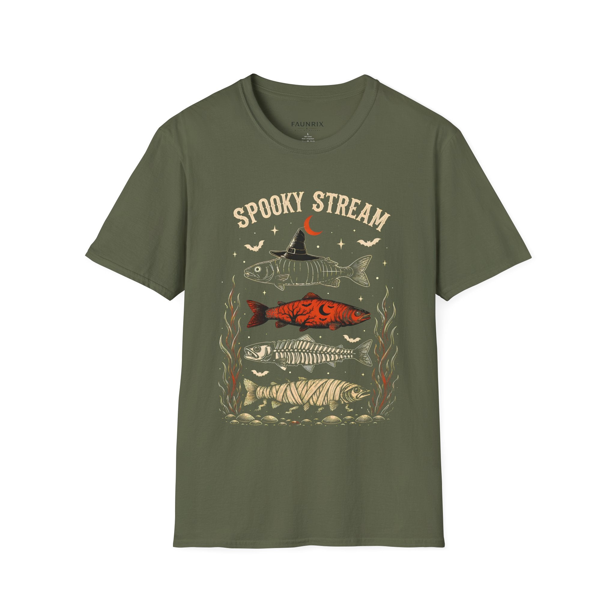 Spooky Stream T-Shirt — Halloween Fish Skeleton Graphic Tee Secondary image