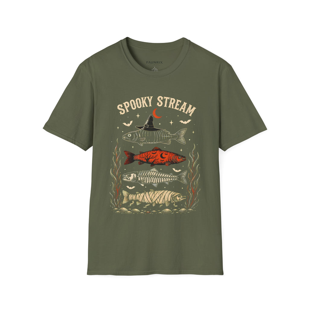 Spooky Stream T-Shirt — Halloween Fish Skeleton Graphic Tee
