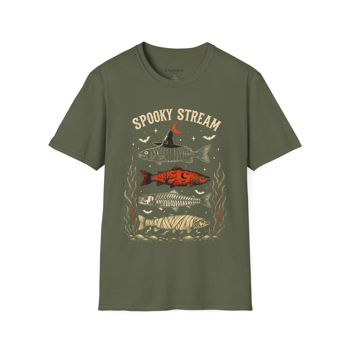 Spooky Stream T-Shirt — Halloween Fish Skeleton Graphic Tee
