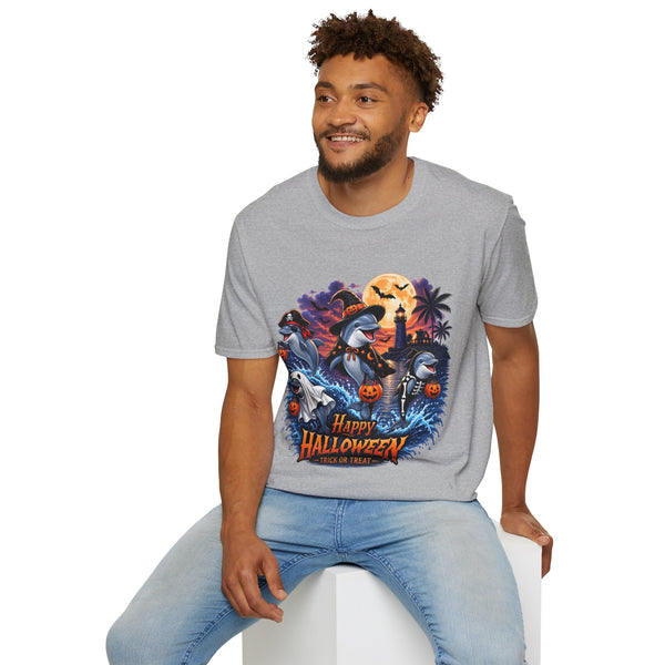 Halloween Dolphin T-Shirt — Cute Spooky Beach Scene with 'Happy Halloween'