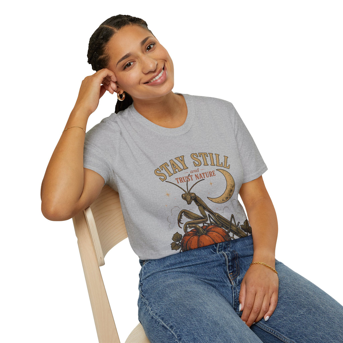 T‑Shirt — Stay Still and Trust Nature Praying Mantis & Moon Graphic Tee