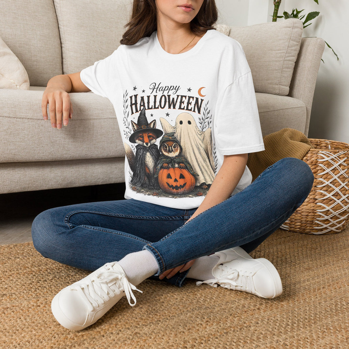Happy Halloween T-Shirt — Cute Witch Cat & Ghost Pumpkin Graphic Tee