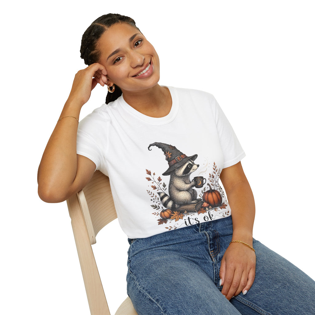 T-Shirt — Cute Raccoon Witch Illustration "It's OK to Be Weird" | Halloween Cozy Fall Graphic Tee