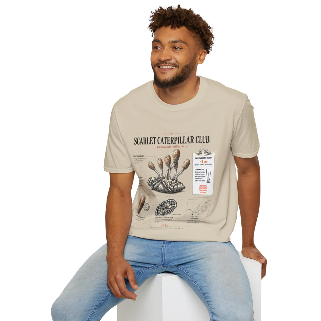 Scarlet Caterpillar Club Tee — Vintage Entomology Mushroom Graphic T-Shirt