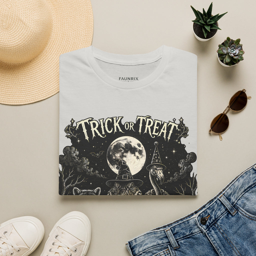 Trick or Treat Halloween T-Shirt — Vintage Moonlit Witch & Spooky Animals Tee