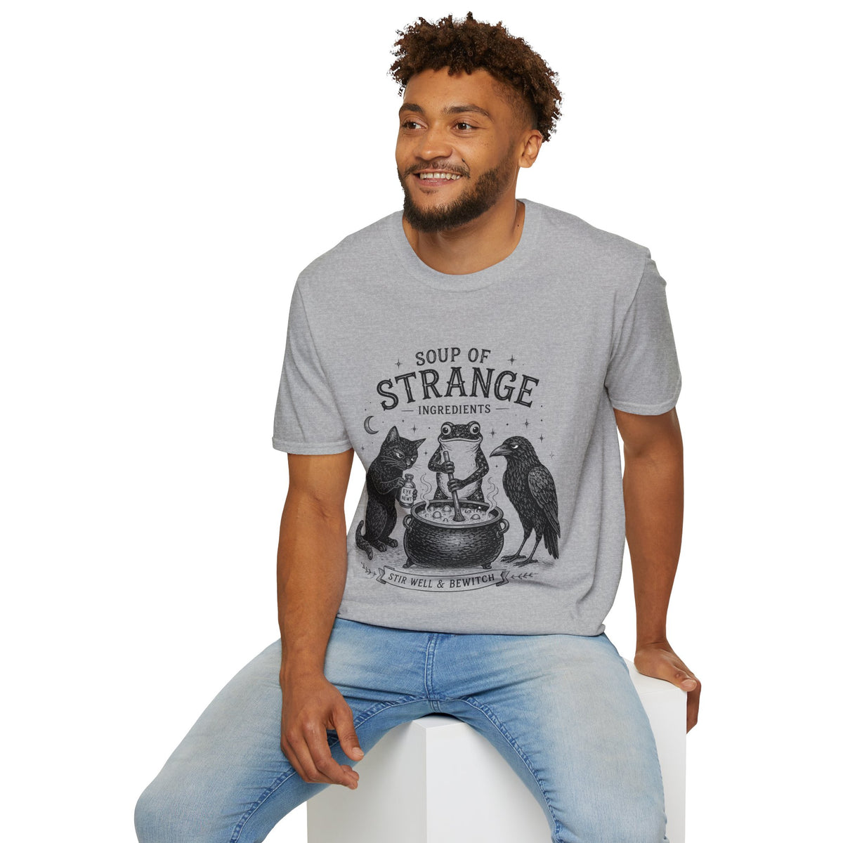 T-Shirt — "Soup of Strange Ingredients" Witchy Frog, Cat & Crow Illustration