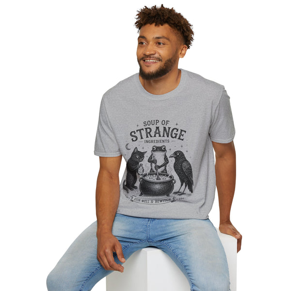 T-Shirt — "Soup of Strange Ingredients" Witchy Frog, Cat & Crow Illustration