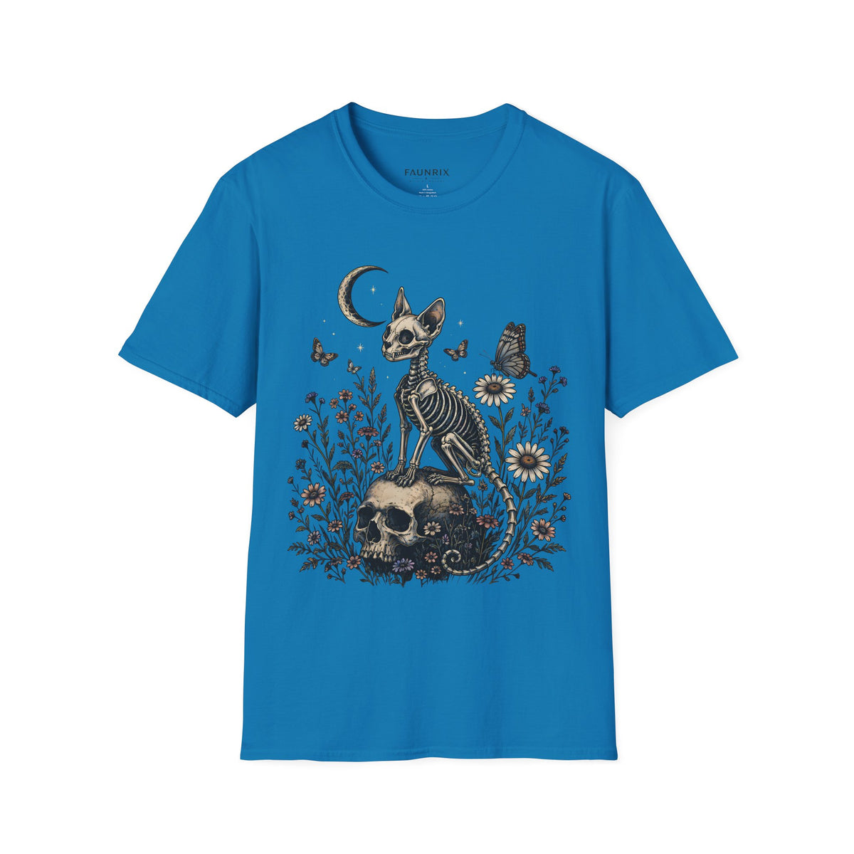 Skeleton Cat Moon T-Shirt — Gothic Floral Skull Tee
