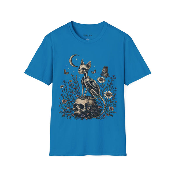 Skeleton Cat Moon T-Shirt — Gothic Floral Skull Tee