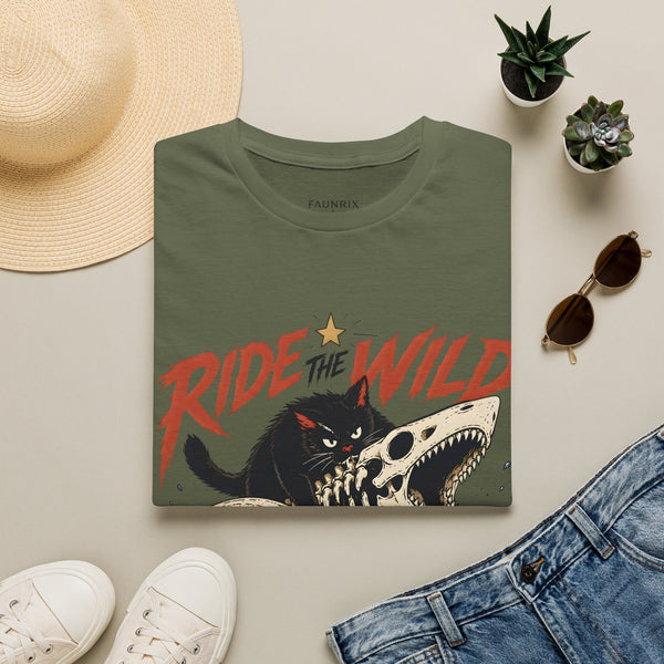 Ride the Wild T-Shirt — Cat Riding Dinosaur Skull Graphic Tee