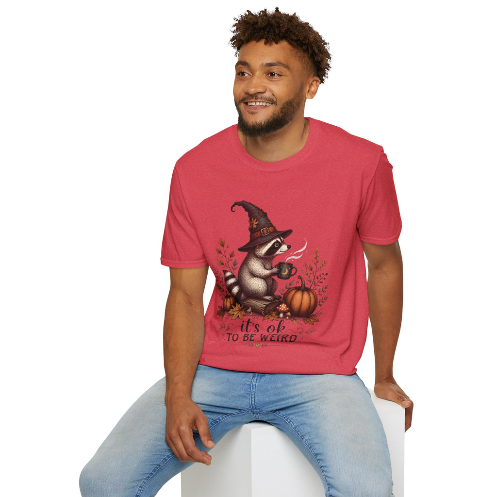 T-Shirt — Cute Raccoon Witch Illustration "It's OK to Be Weird" | Halloween Cozy Fall Graphic Tee