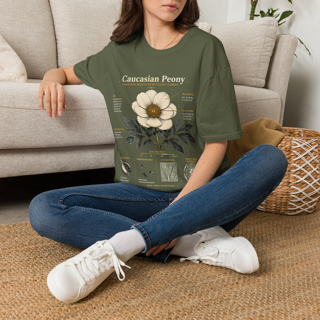 Caucasian Peony Botanical Anatomy T-Shirt — Vintage Floral Illustration Tee