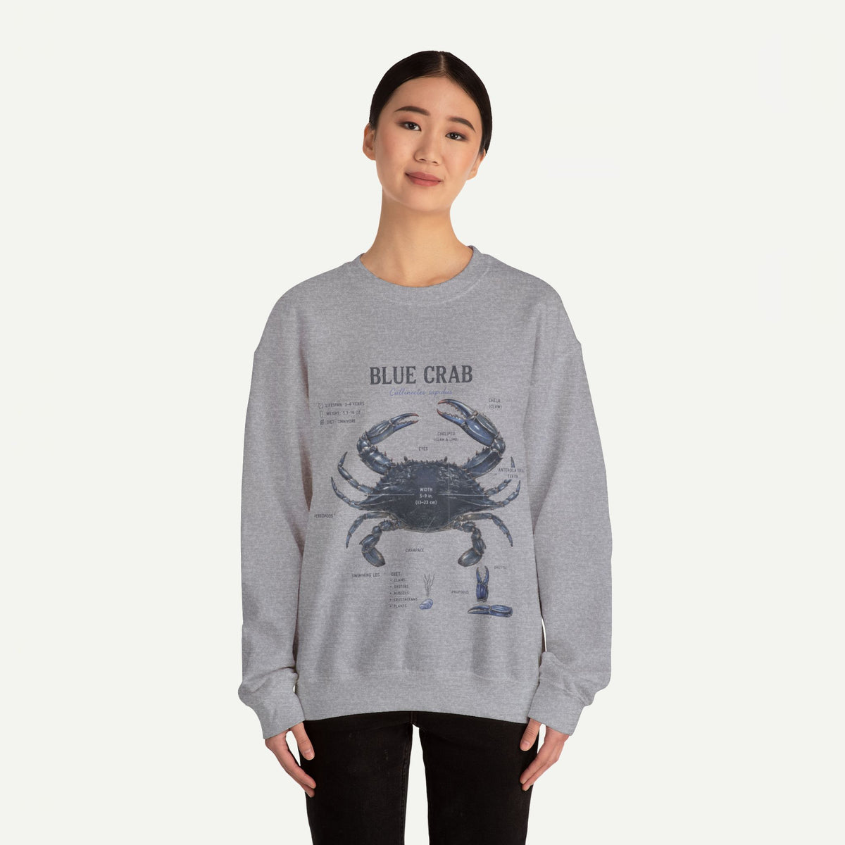 Blue Crab Sweatshirt — Vintage Nautical Marine Illustration