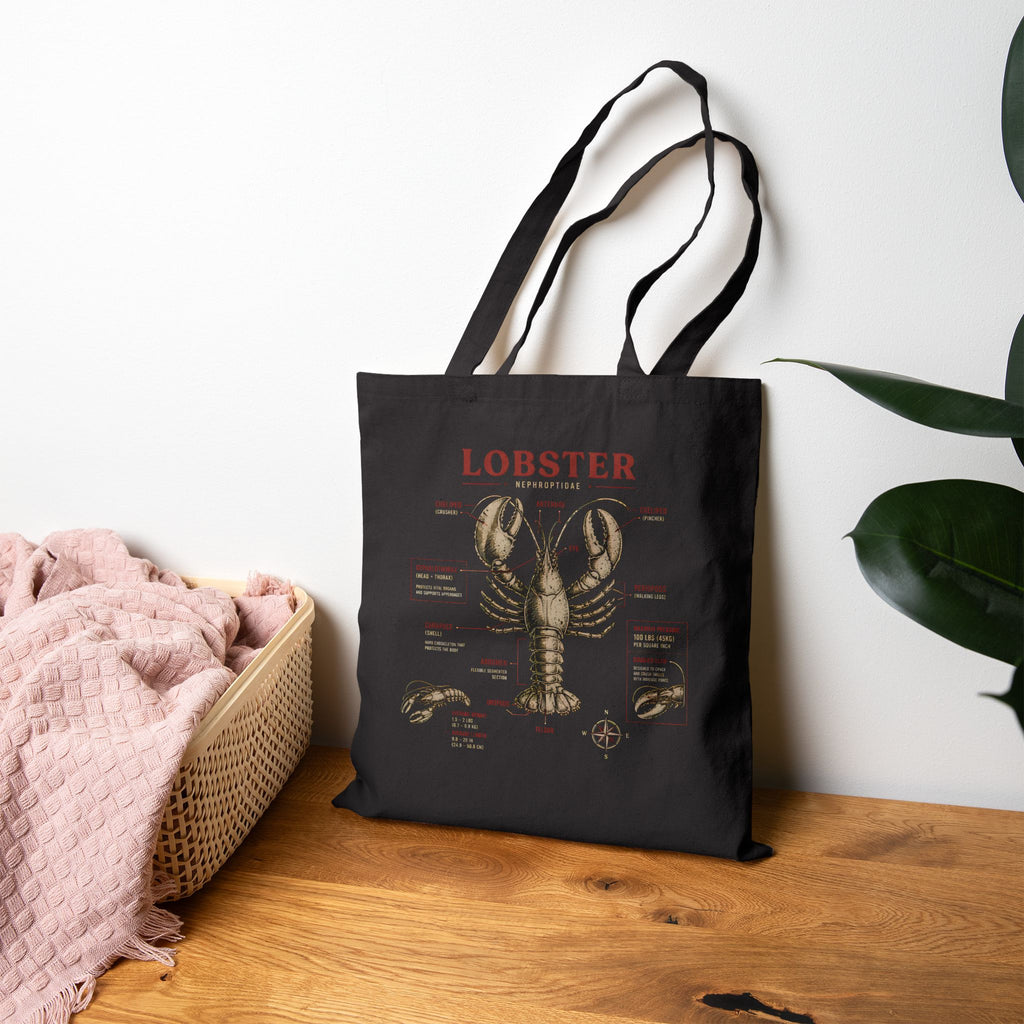 Lobster Anatomy Canvas Tote Bag — Vintage Seafood Illustration Grocery Market Tote