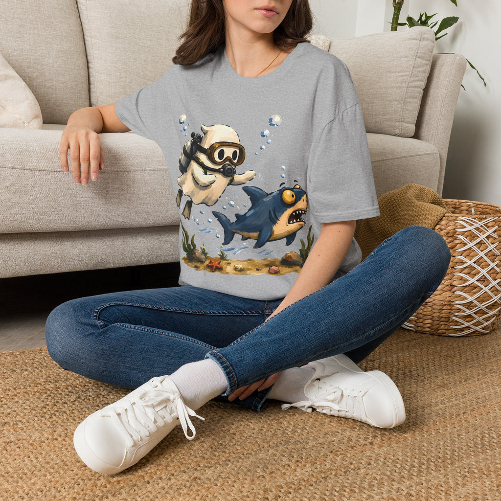 Dive Buddy T‑Shirt — Cute Scuba Pug Chasing Shark Illustration