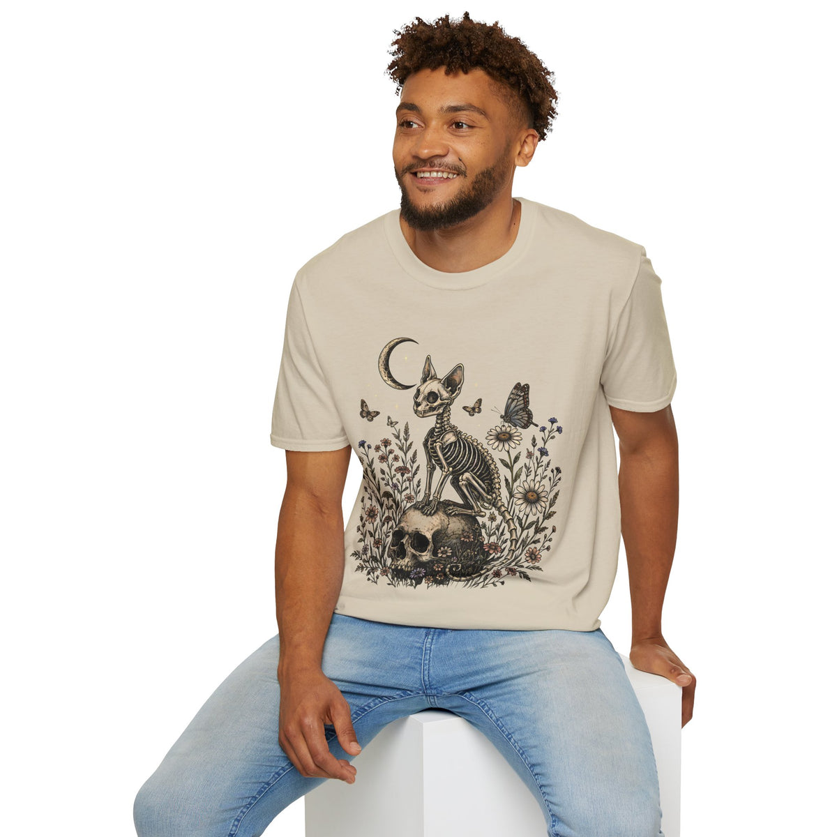 Skeleton Cat Moon T-Shirt — Gothic Floral Skull Tee
