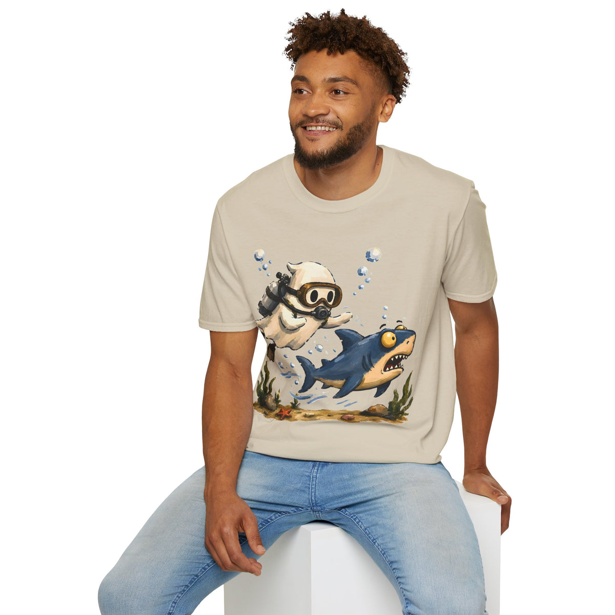 Dive Buddy T‑Shirt — Cute Scuba Pug Chasing Shark Illustration