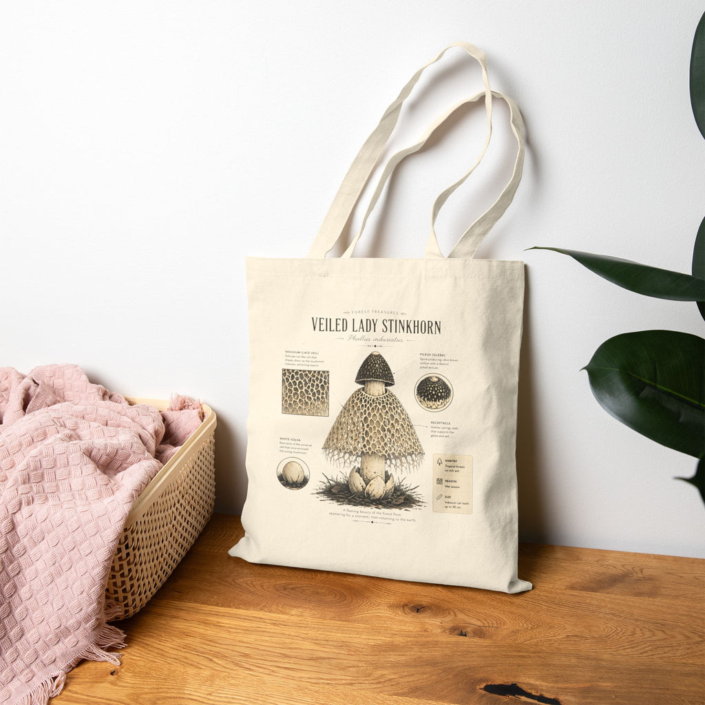 Veiled Lady Stinkhorn Tote Bag — Botanical Mushroom Illustration Canvas Tote