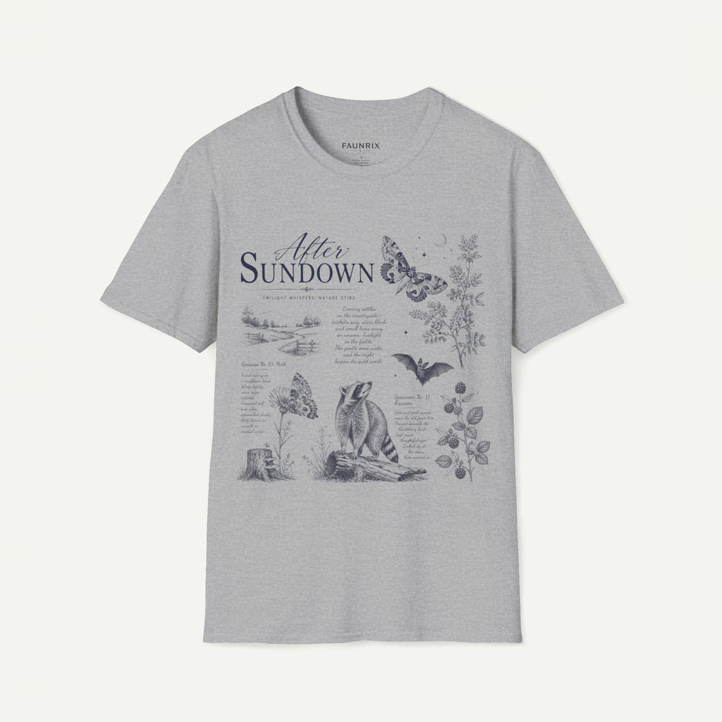 After Sundown T-Shirt — Vintage Nightscape Tee with Butterfly & Nature Illustrations