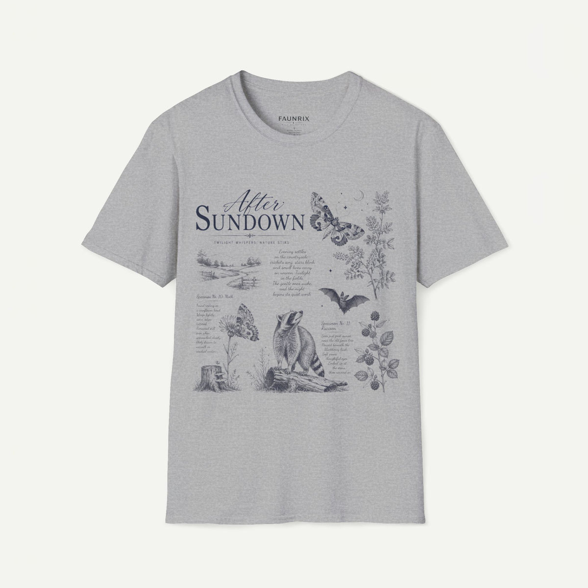 After Sundown T-Shirt — Vintage Nightscape Tee with Butterfly & Nature Illustrations