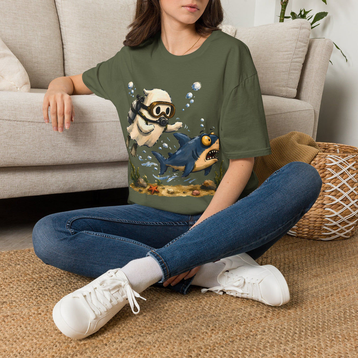 Dive Buddy T‑Shirt — Cute Scuba Pug Chasing Shark Illustration