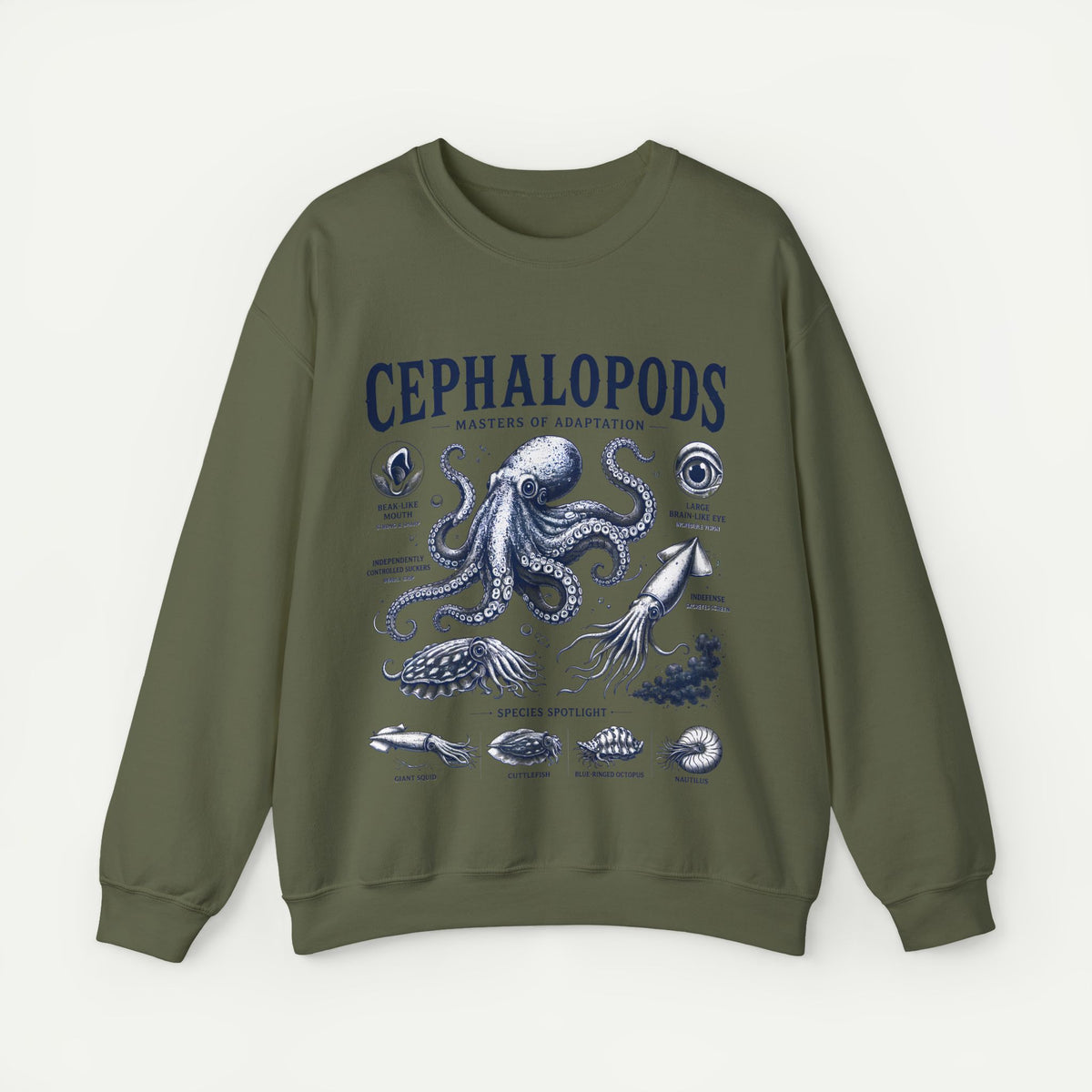 Cephalopods Crewneck Sweatshirt — Vintage Marine Biology Octopus Illustration