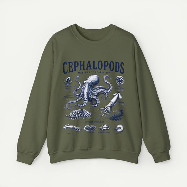 Cephalopods Crewneck Sweatshirt — Vintage Marine Biology Octopus Illustration