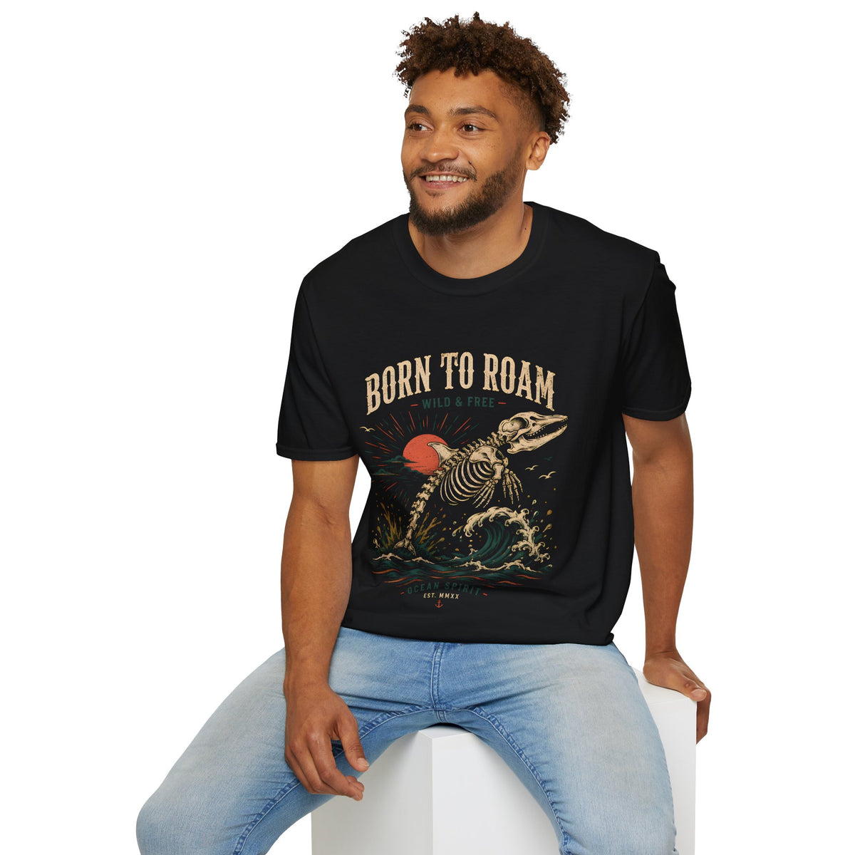 Born to Roam T-Shirt — Vintage Skeleton Dinosaur 'Wild & Free' Graphic Tee
