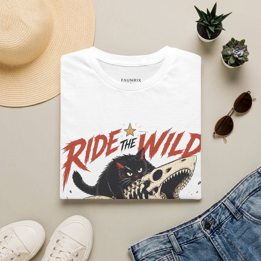 Ride the Wild T-Shirt — Cat Riding Dinosaur Skull Graphic Tee