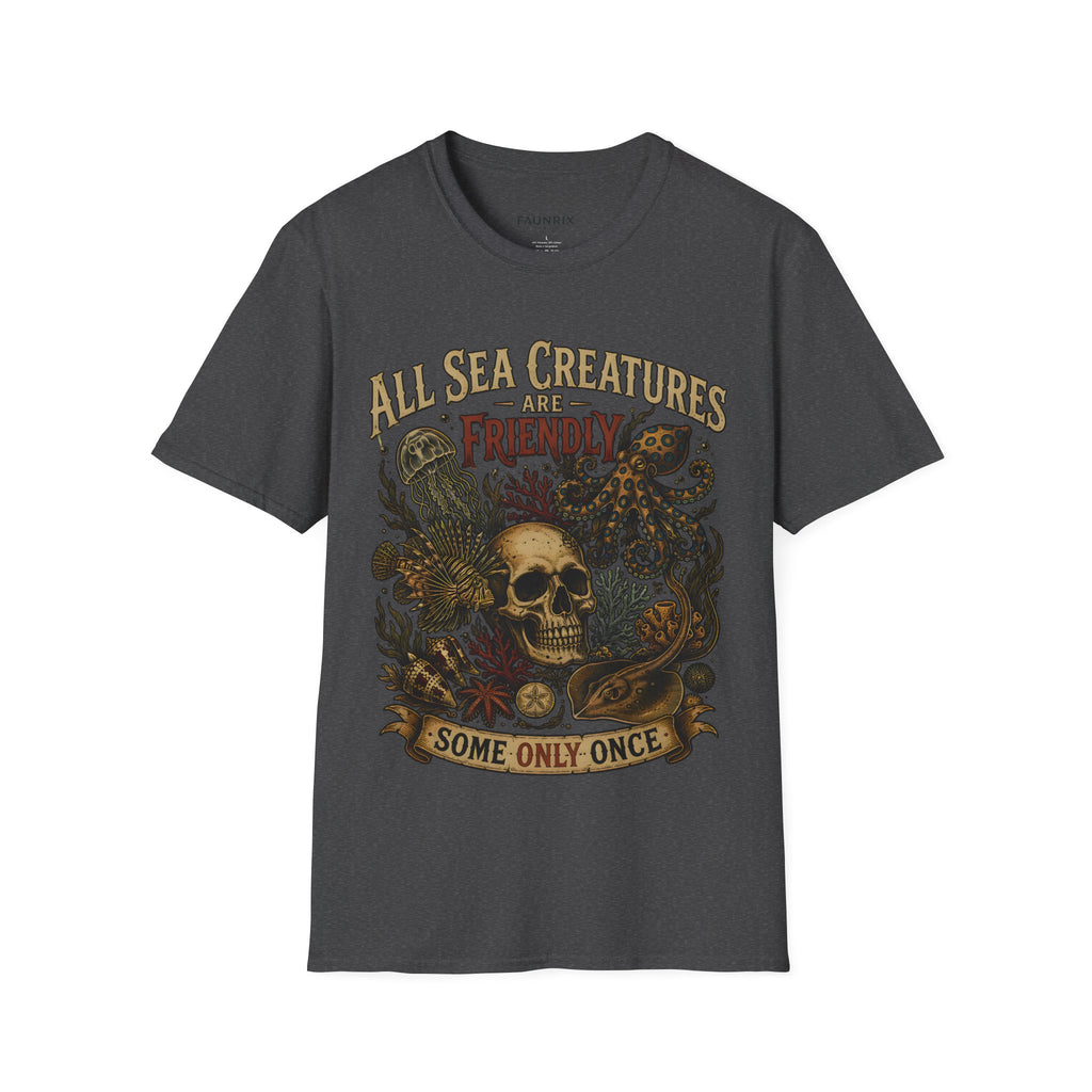 Ocean Creature Graphic T-Shirt — "All Sea Creatures Are Friendly (Some Only Once)" Vintage Skull Octopus Tee