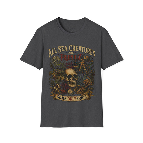 Ocean Creature Graphic T-Shirt — "All Sea Creatures Are Friendly (Some Only Once)" Vintage Skull Octopus Tee