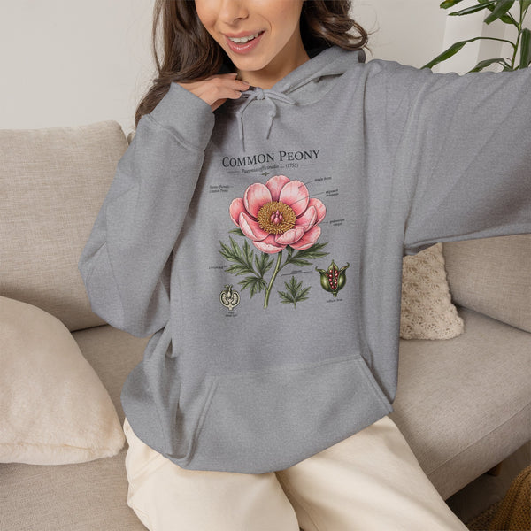 Peony Botanical Hoodie — "Common Peony" Vintage Floral Diagram Sweatshirt