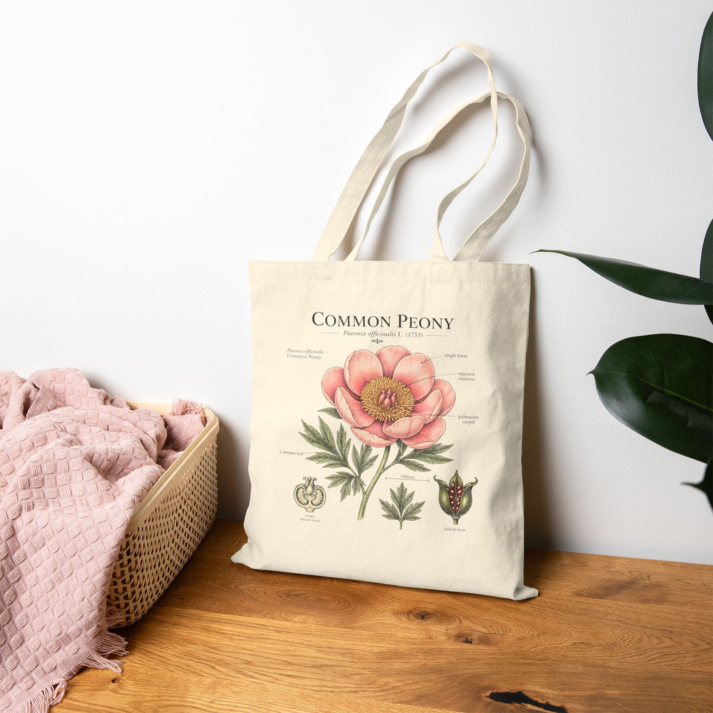 Peony Botanical Tote Bag — "Common Peony" Canvas Shopper