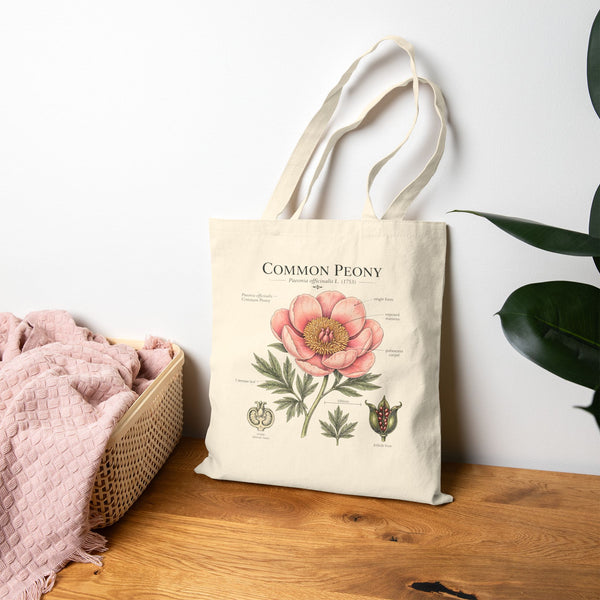 Peony Botanical Tote Bag — "Common Peony" Canvas Shopper