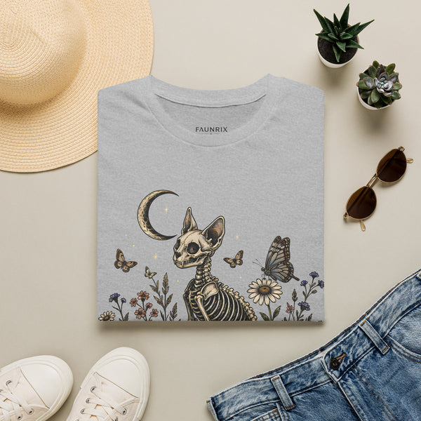 Skeleton Cat Moon T-Shirt — Gothic Floral Skull Tee