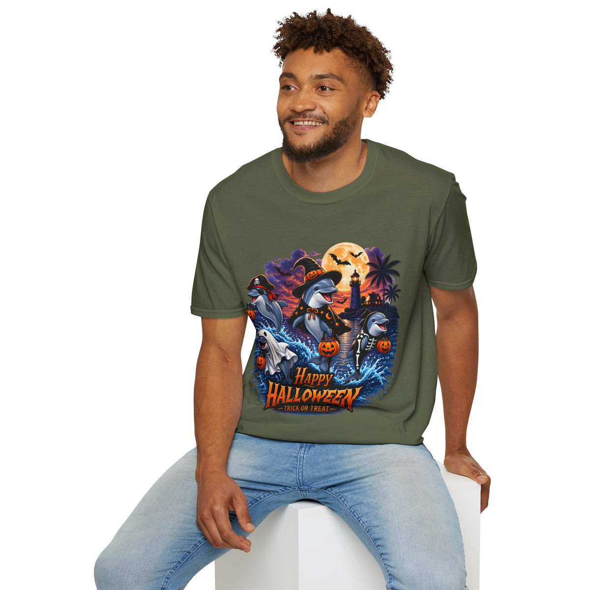 Halloween Dolphin T-Shirt — Cute Spooky Beach Scene with 'Happy Halloween'