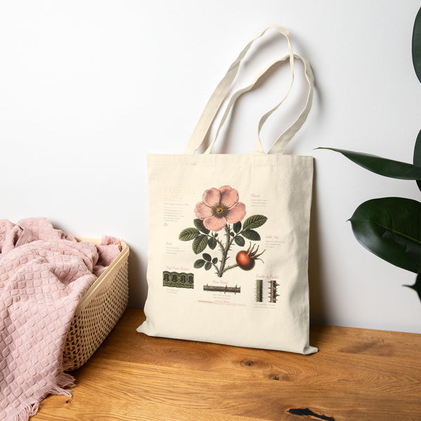 Botanical Rosehip Tote Bag — Vintage Floral Cotton Canvas Grocery Tote