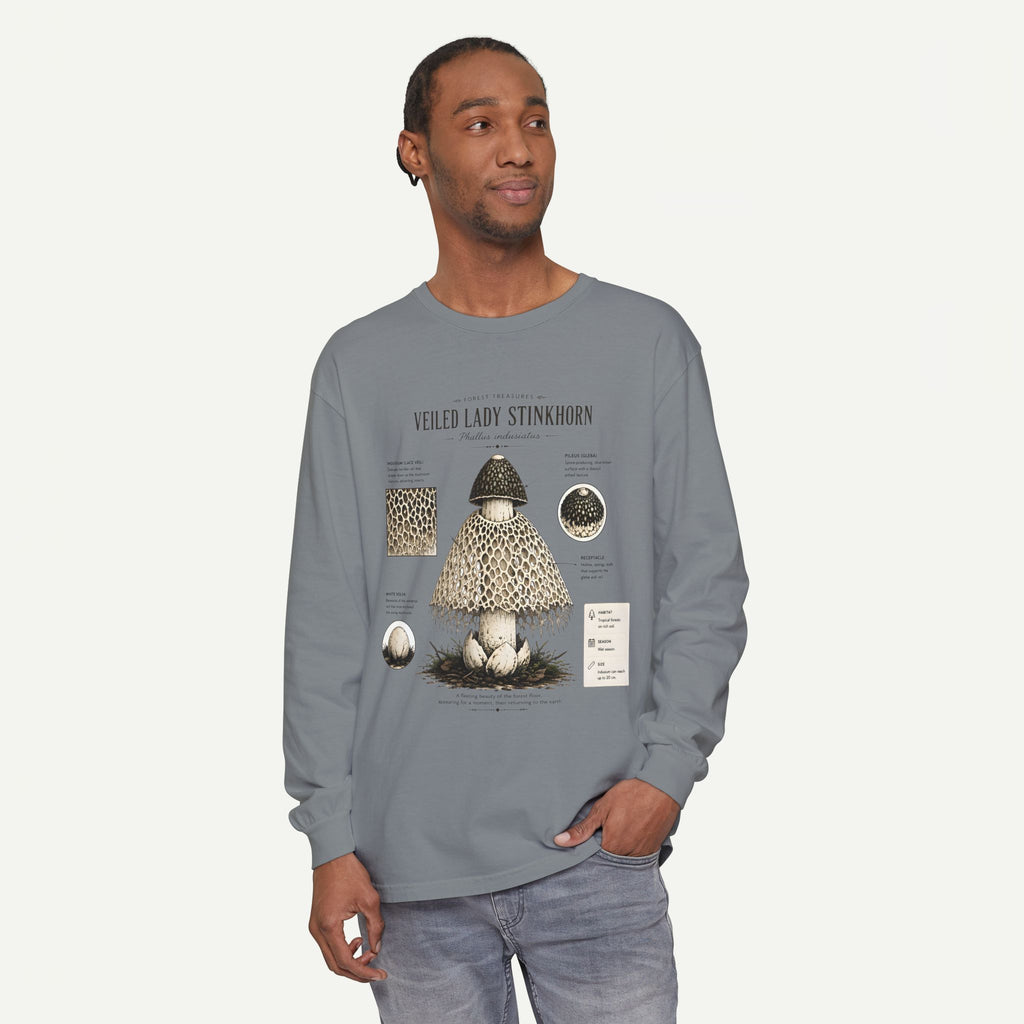 Veiled Lady Stinkhorn Mushroom Long Sleeve Tee — Botanical Fungi Illustration