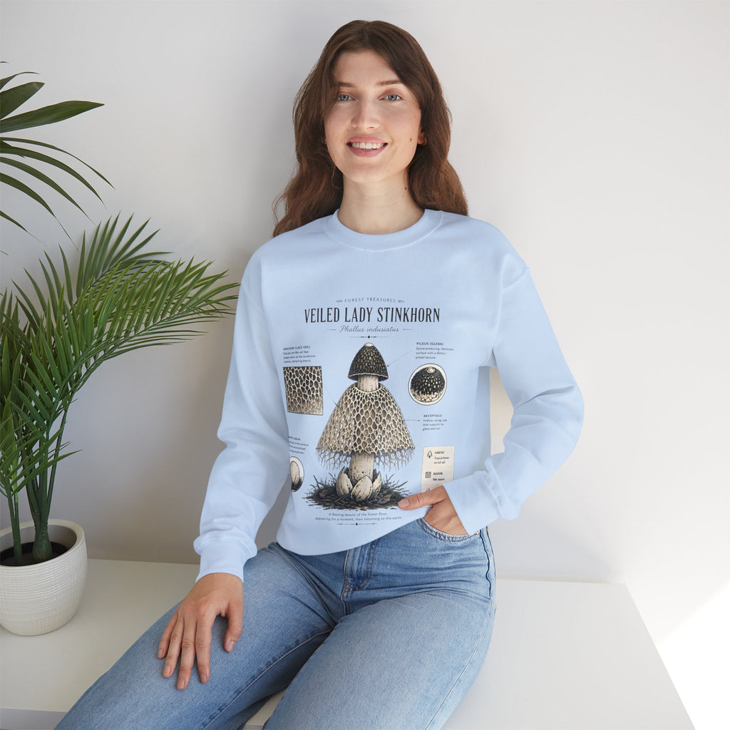 Veiled Lady Stinkhorn Mushroom Crewneck Sweatshirt — Botanical Mycology Graphic
