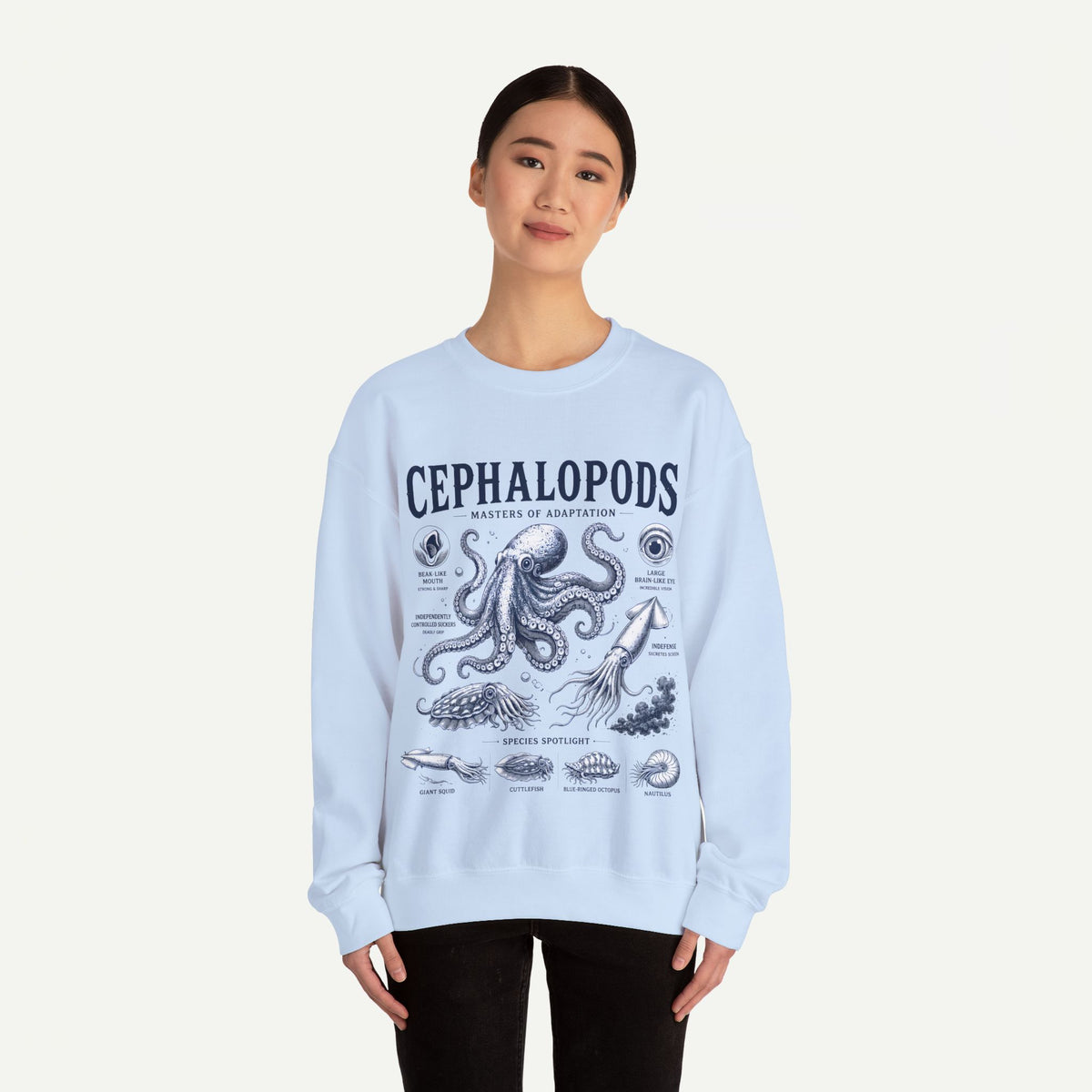 Cephalopods Crewneck Sweatshirt — Vintage Marine Biology Octopus Illustration
