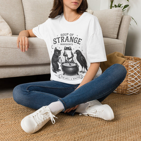 T-Shirt — "Soup of Strange Ingredients" Witchy Frog, Cat & Crow Illustration