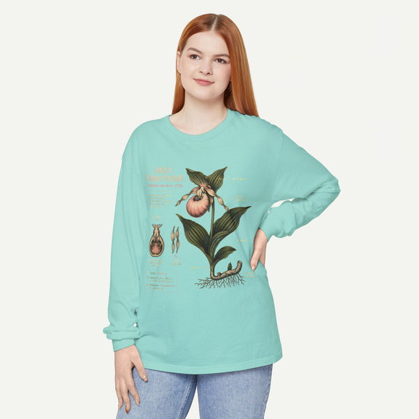 Lady's Slipper Botanical Long Sleeve Tee — Vintage Orchid Illustration