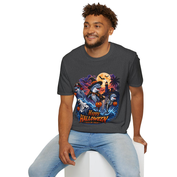 Halloween Dolphin T-Shirt — Cute Spooky Beach Scene with 'Happy Halloween'