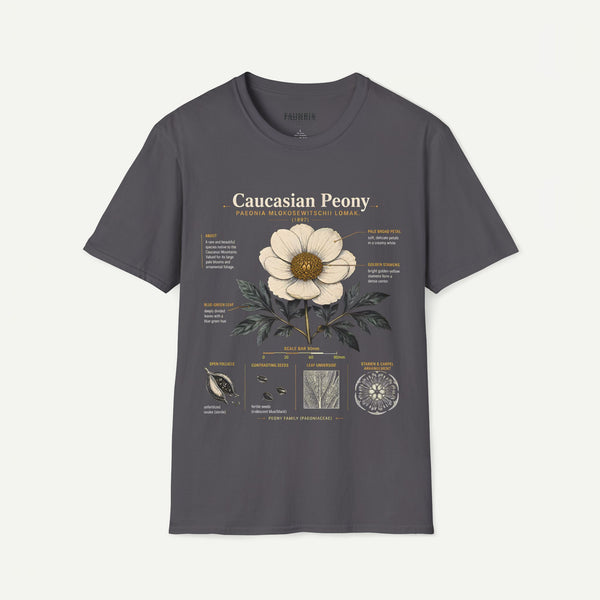 Caucasian Peony Botanical Anatomy T-Shirt — Vintage Floral Illustration Tee