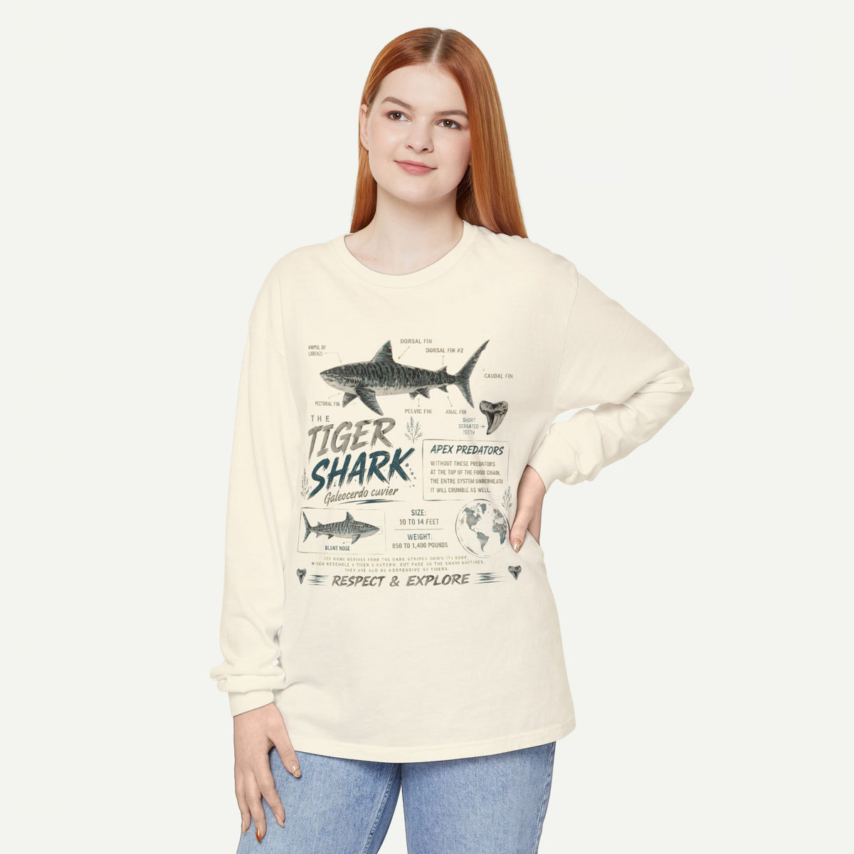 Tiger Shark Graphic Long Sleeve Tee — 'Tiger Shark' Educational Ocean Shirt